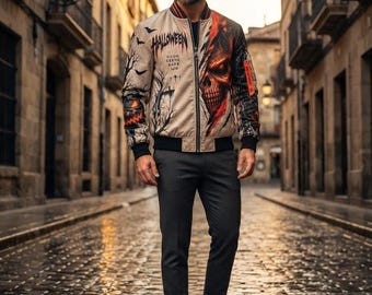 Men's Sheepskin Leather Bomber Jacket, Halloween Skull Print Jacket, Stay Spooky Gothic Varsity Coat