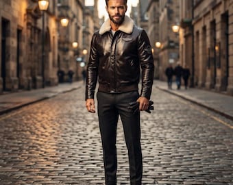 Men's Cowhide Leather Aviator Jacket, Faux Shearling Collar, B3 Flight Style