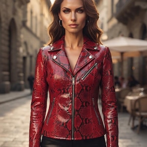 Red Snake Print Leather Jacket Women, Python Embossed Biker Jacket, Genuine Leather Moto Jacket, Zip Up Snakeskin Leather Coat