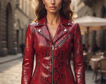 Red Python Embossed Leather Biker Jacket, Genuine Leather Moto Coat, Zip Front, Fitted Silhouette