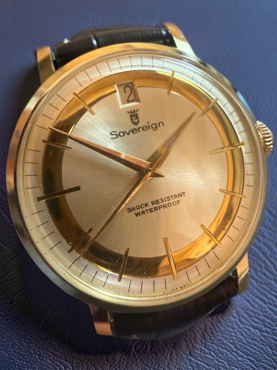 Vintage Sovereign Swiss Dress Watch, 12 O’Clock Date, Gold Tone Case, Leather Strap