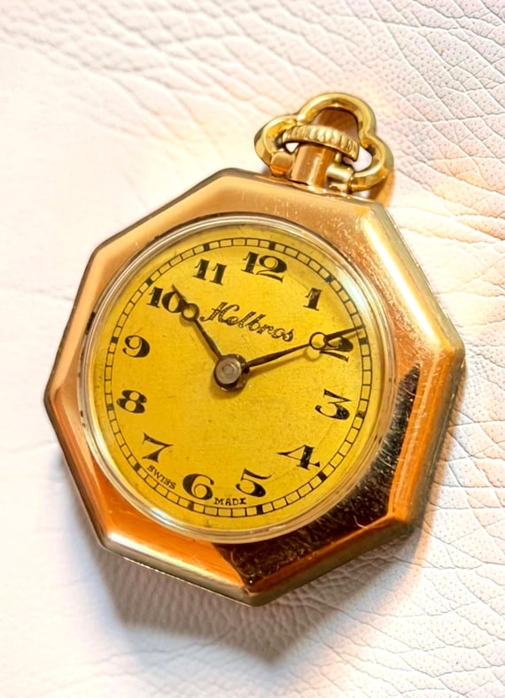 Antique 1920s Helbros Octagon Pendant Watch, Swiss Made, Gold Filled Case, Art Deco Ladies Watch