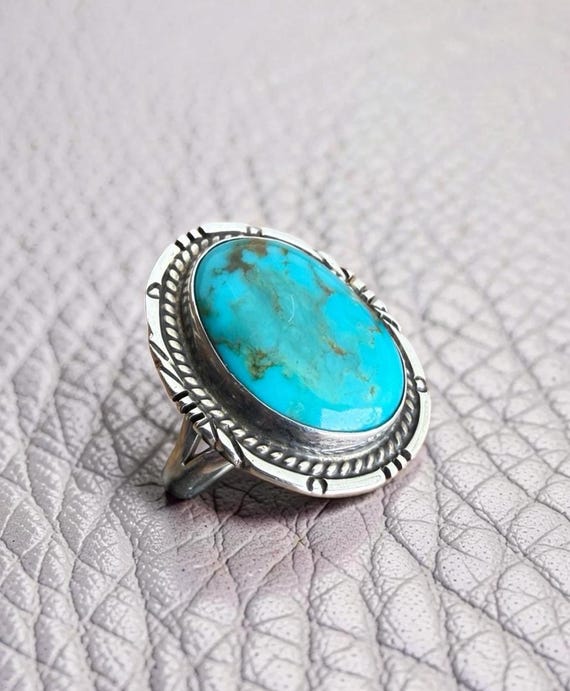 Native Style Ornate Sterling Silver Woman's Blue Turquoise Ring Size 6.5