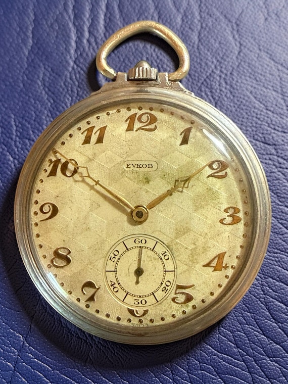 EVKOB Pocket Watch, Vintage Swiss Mechanical, Art Deco Gold Tone Dial, Sub Seconds