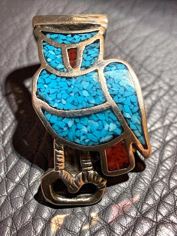 Vintage Native American Sterling Silver Owl Pendant Turquoise and Coral Inlay