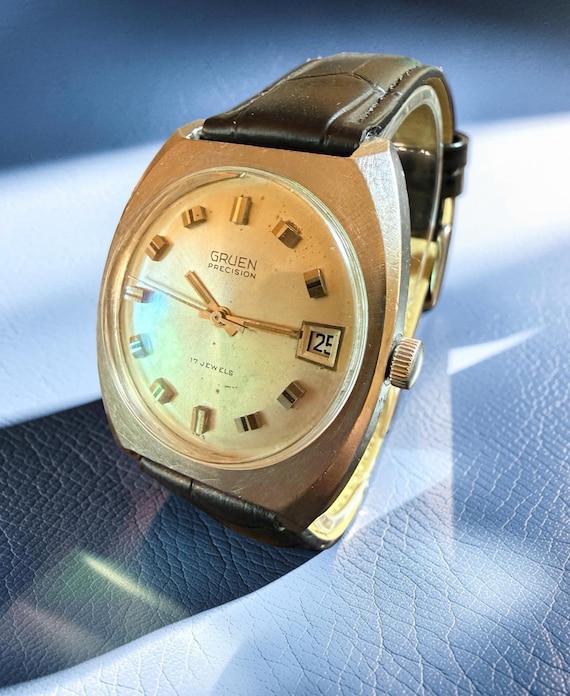 Vintage Gruen Precision Wristwatch, 1960s , 17 Jewels, Manual Wind, Silver Tonneau Case