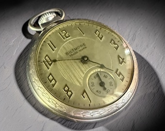 Reloj de bolsillo Biltmore antiguo, esfera abierta, funcionando, fabricado en EE. UU. en los años 30-40. Reloj mecánico.