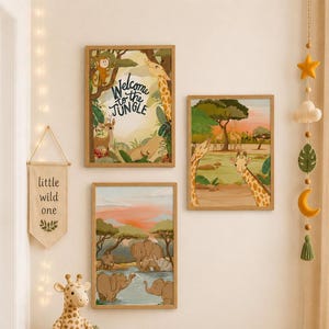 Safari Nursery Wall Art Set of 3 | Playful Jungle Animal Prints, Elephant Giraffe Monkey Kids Room Decor