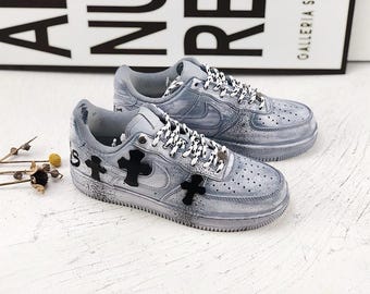 Custom Air Force 1 sneakers with distressed cross design, gothic style, inkjet printing