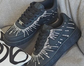 Rhinestone Fringe Black AF1 | Custom Diamond Drip Sneakers | Unisex Edgy Glam Shoes
