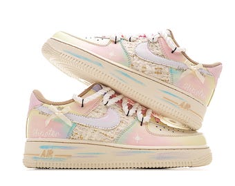 Custom AF1 sneakers, custom Air Force 1 shoes, handmade, hand-painted graffiti, Mist Island & Starlight