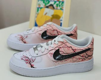 Hand Painted Cherry Blossom Air Force 1 | Glitter Swoosh Sneakers