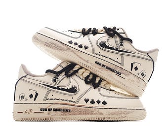 Custom AF1 sneakers, custom Air Force 1 shoes, handmade, hand-painted graffiti, God of Gamblers