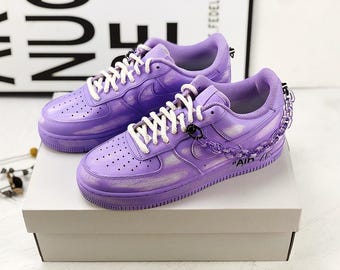 Hand-painted sneakers, custom Air Force 1 sneakers, distressed purple shoe chain