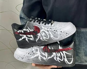 Hand-Painted Custom AF1 Low Sneakers, Black Red Graffiti Streetwear Shoes, Handmade Unique Urban Sneakers, Gift for Men