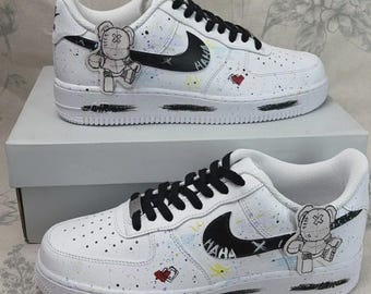 Custom Teddy Bear AF1 Sneakers | Paint Splatter, Edgy Unisex Shoes