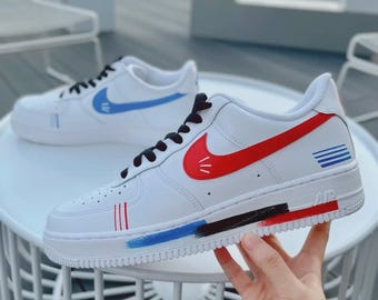Custom White AF1 with Red Blue Swoosh | Abstract Paint Drip Design | Unisex Urban Shoes