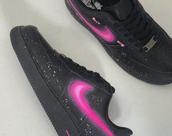 Custom Black Air Force 1 Sneakers | Pink Glow Swoosh, Love Graffiti