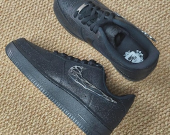Custom Black Glitter AF1 with Metal Flame Swoosh | Gothic Streetwear Gift for Sneakerheads