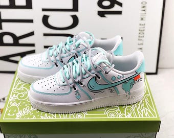 Custom Air Force 1 Tiffany Blue Graffiti Sneakers, Hand-Painted Street Art Shoes