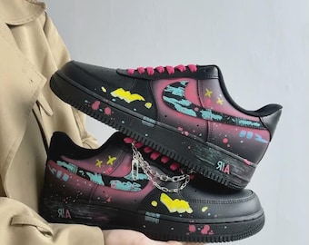 Custom Black Pink Graffiti Air Force 1 | Hand-Painted Streetwear Sneakers with Chain Detail