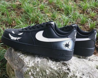 Custom Grin & Bullet Hole Nike Air Force 1, Black and White Hand Painted Sneakers