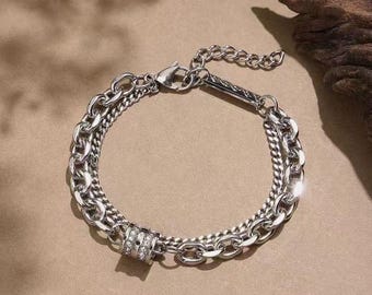 Couple's Stainless Steel Chain Bracelet Set, Cubic Zirconia, Punk Style