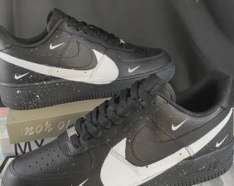Custom Black Air Force 1 with White Split Swoosh | Paint Splatter Design for Sneakerheads