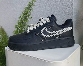 Custom Black Air Force 1 with Pearl Swoosh & Satin Laces