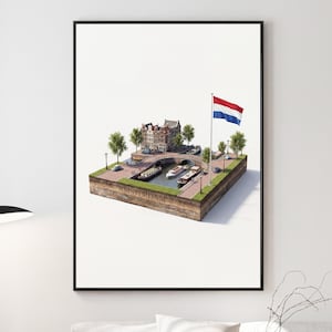 May include: A framed print depicting a miniature diorama of Amsterdam. The artwork features a canal with boats, a bridge, buildings, trees, and the Dutch flag. The word "Amsterdam" is visible at the base of the diorama.
