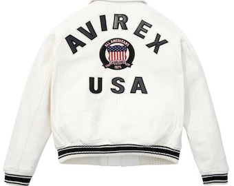 Chaqueta de cuero Avirex USA Icon White Bomber, abrigo de cuero genuino de vaca, ropa de calle de moda