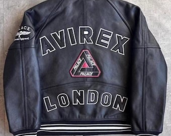Chaqueta universitaria de cuero Avirex London, chaqueta bomber negra de tejido vaquero, chaqueta urbana con logo bordado en la espalda