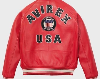 Chaqueta de cuero Avirex USA Red Icon Bomber, abrigo de cuero genuino de vaca, moda urbana de 1975