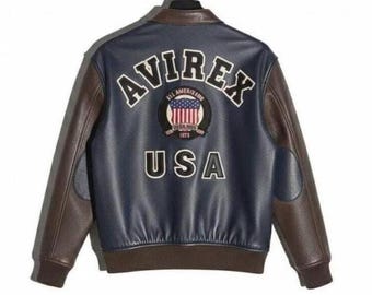Avirex Icon USA Bomber Jacket, Genuine Cowsoft Leather, 1975 Varsity Flight Aviator Fashion Jacket