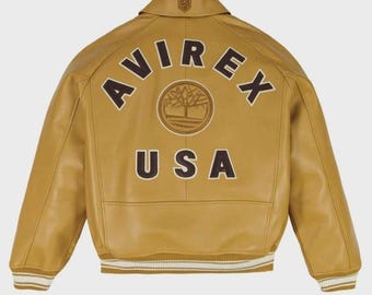 Avirex USA Leather Jacket, Genuine Cowsoft Leather Varsity Bomber Style Tan Brown Streetwear Coat