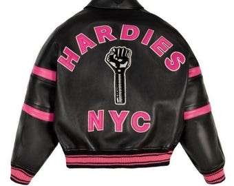 Chaqueta bomber Avirex de cuero negro y rosa, piel auténtica de vaca, estilo hip hop.