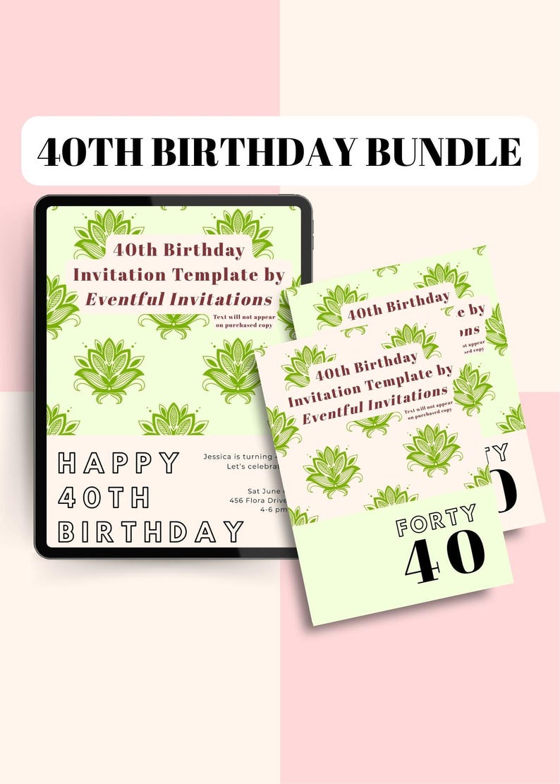 40th Birthday Invitation Template Bundle, Green Floral Outline Design ...
