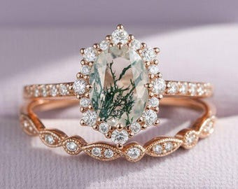 Vintage Moos Achat Halo Verlobungsring Set, Einzigartige Oval Cut Moosachat Rose Gold Hochzeits-Set, Moos Achat Braut Set Jahrestag Schmuck Geschenk