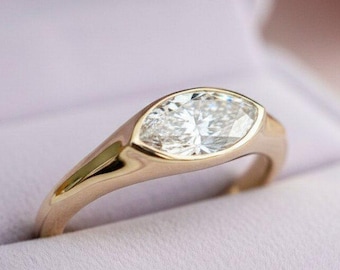 Anillo de moissanita marquesa: anillo de bodas de plata de ley con sello este-oeste y diamantes engastados en bisel, un regalo para ella.