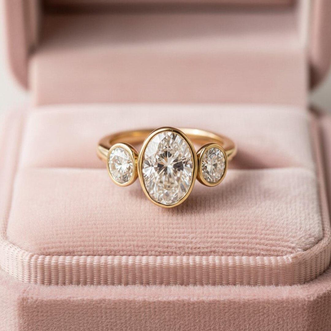 3ctw Oval Cut Moissanite Engagement Ring, Three Stone Bezel Set Trilogy ...