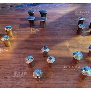 Könnte beinhalten: Eine Auswahl an Metall-Schrankknöpfen aus Messing, Stahl, Edelstahl und Neusilber. Die Knöpfe haben geometrische Designs und sind auf einer Holzoberfläche angeordnet. Textetiketten kennzeichnen jeden Metalltyp.