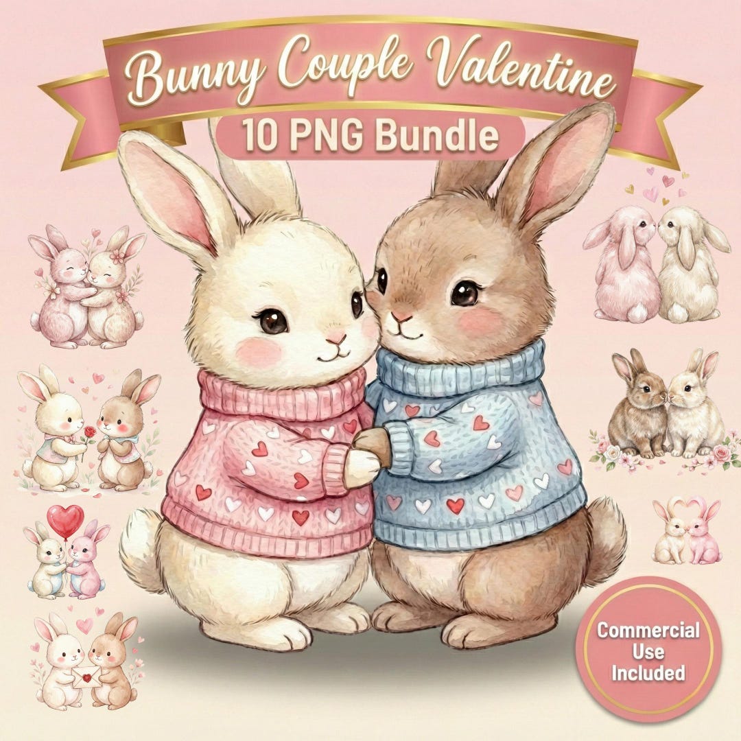 Bunny Couple Valentine Clipart Bundle PNG, Cute Watercolor Rabbits in ...
