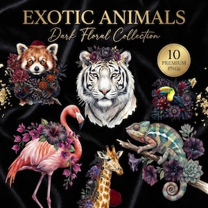 Op de afbeelding: Digitale illustraties van een rode panda, witte tijger, flamingo, giraffe, kameleon en toekan, elk versierd met donkere bloemstukken. De tekst "EXOTIC ANIMALS Dark Floral Collection" is te zien, met een gouden "10 PREMIUM PNGs" badge.