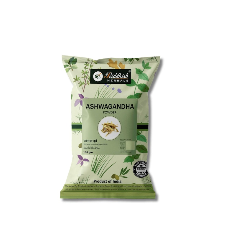 May include: A bag of Riddhish Herbals Ashwagandha Powder. The bag is white with green and purple floral designs. The product name and a picture of the ashwagandha root are displayed on a green label. The bag contains 100 grams of powder.