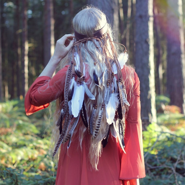 Brown leather and feather headband, leather festival crown, feather headpiece.