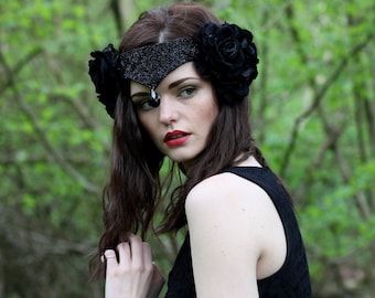 Black swan velvet flower headpiece, velvet rose crown, bridal beaded headdress