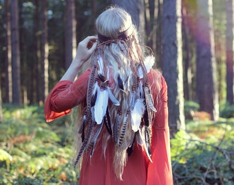 Brown leather and feather headband, leather festival crown, feather headpiece.