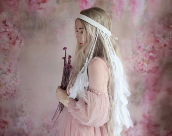 White leather and feather headband, leather festival crown, feather headpiece, fringe leather, dangling feathers