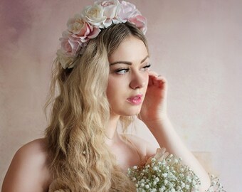 Pink rose flower crown, floral hairband, hair accessory, hair wreath, festival crown