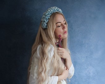 Blue velvet flower hairband, flower crown, rose hairpiece, festival flowers